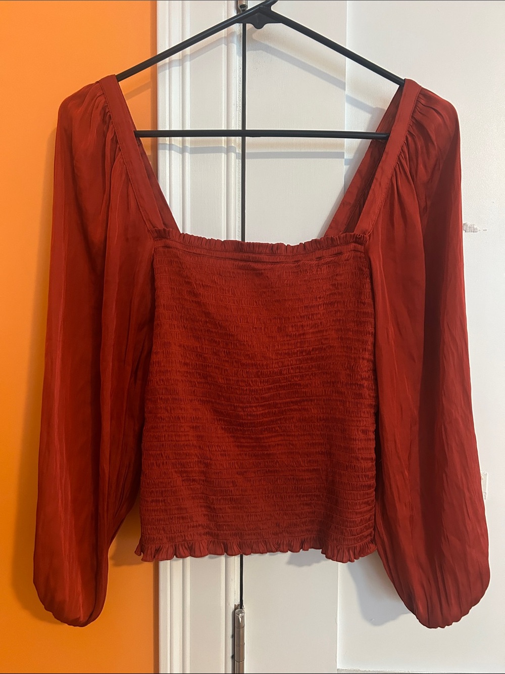 J. Crew Rust Red Smocked Square-Neck Blouse